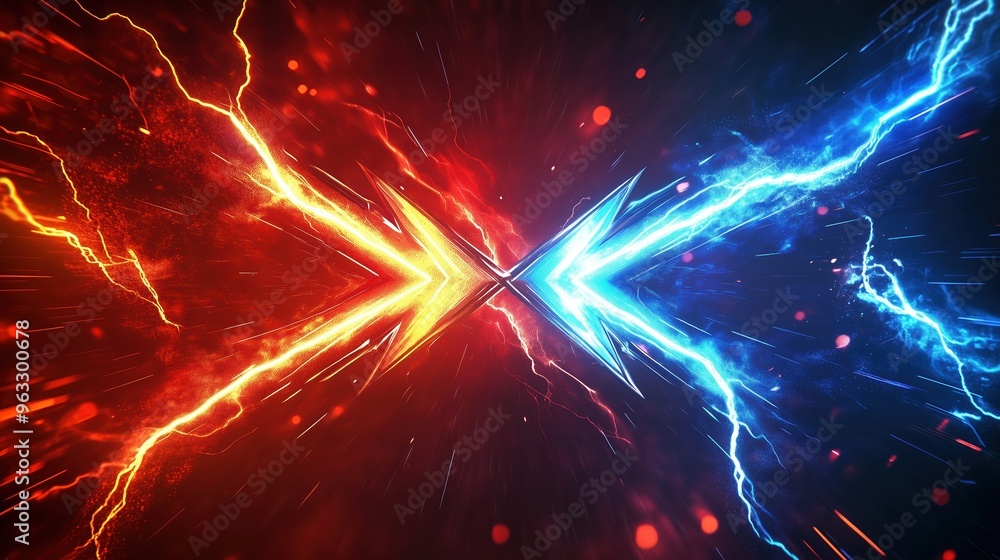Poster high-resolution 3d rendering of two colliding arrows, one red and one blue, surrounded by glowing ne