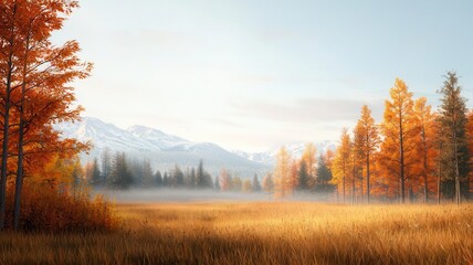 Autumn landscape, with misty morning light, 3D illustration, copy space for text,