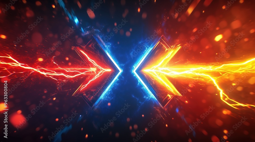 Poster high-resolution 3d rendering of two colliding arrows, one red and one blue, surrounded by glowing ne