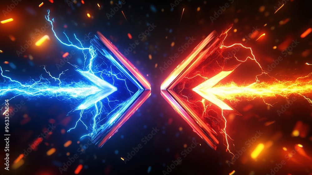 Poster high-resolution 3d rendering of two colliding arrows, one red and one blue, surrounded by glowing ne