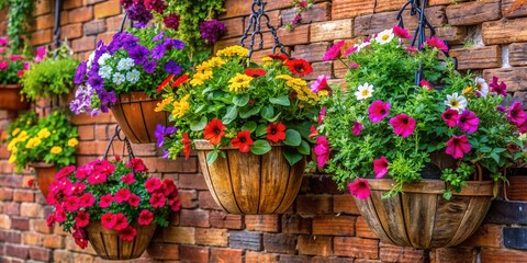 Fototapeta premium Vibrant flowers spill from rustic wooden hanging baskets adorned with lush greenery, suspended from a distressed brick wall, evoking a charming, rustic exterior decor ambiance.