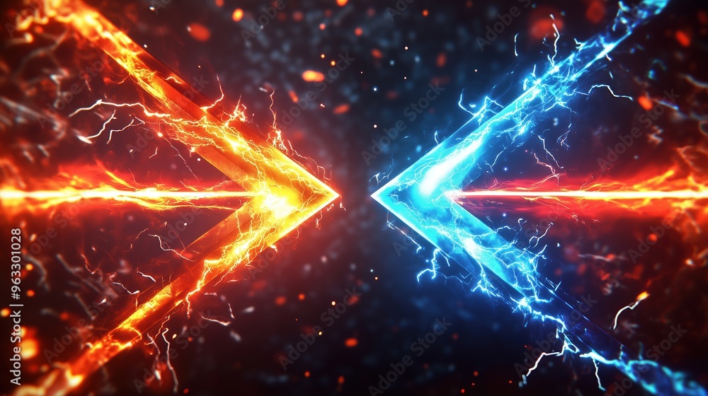 Aufkleber High-resolution 3D rendering of two colliding arrows, one red and one blue, surrounded by glowing neon lights and energy sparks. The abstract background illustrates a powerful clash of forces, with li