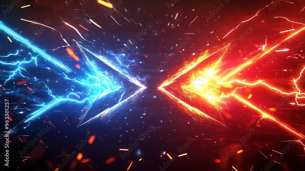 Aufkleber high-resolution 3d rendering of two colliding arrows, one red and one blue, surrounded by glowing ne