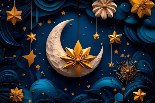 Birthday postcard, celestial theme, stars and moons celebrates a birthday with a dreamy, cosmic design