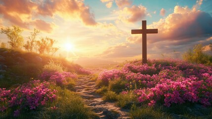 Wooden cross stands on grass in field,copy space,banner,symbolizing Jesus' death and resurrection.