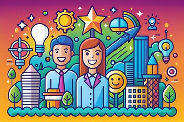 Vibrant illustration featuring a colorful background, bold fonts, and diverse icons, conveying energy and excitement, perfect for attracting top talent to a growing company.