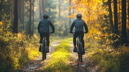 Two cyclists riding through a scenic forest trail in autumn, surrounded by vibrant fall foliage and sunlit trees.