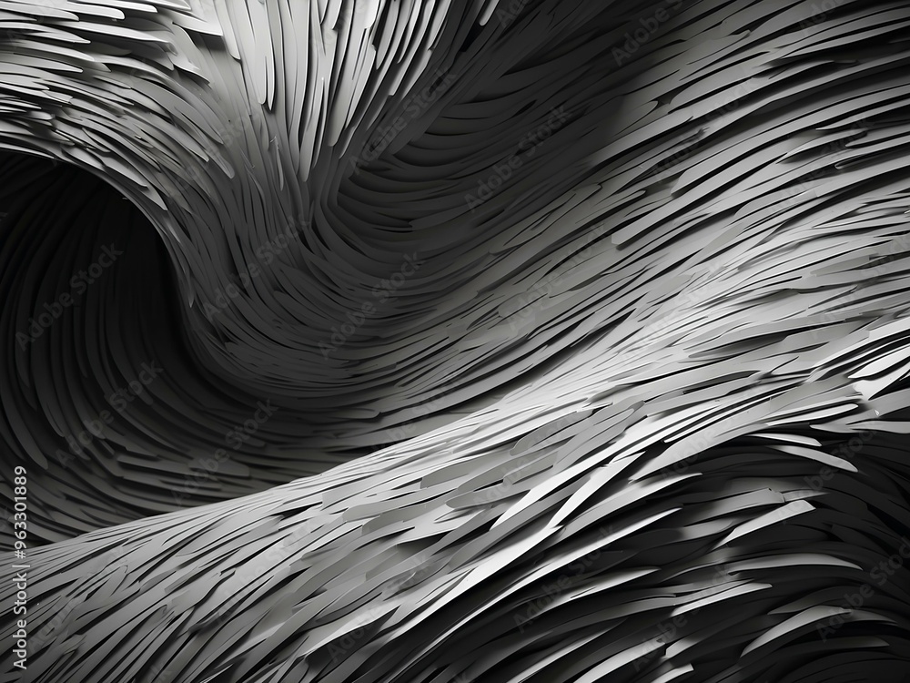 Poster black and white swirling abstract lines that seem to twist and fold into a vortex-like formation