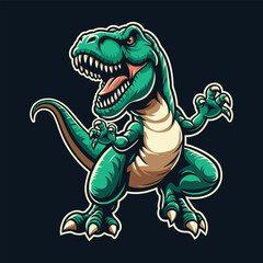 A vibrant cartoon T-Rex roaring in an expressive pose against a dark background, showcasing its playful and energetic character