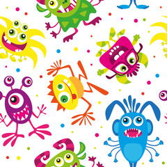 Halloween vector illustration. Funny cartoon monster seamless pattern on white background. Bright design for party decoration.