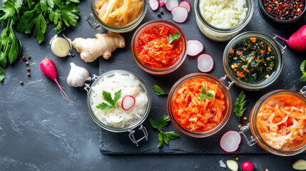 A colorful assortment of fermented vegetables displayed in glass jars on a slate background, showcasing health and nutrition.