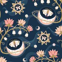 Whimsical seamless pattern with magical celestial bodies surrounded by dreamy flowers and butterflies on a dark blue background. Repeated surface vector design.