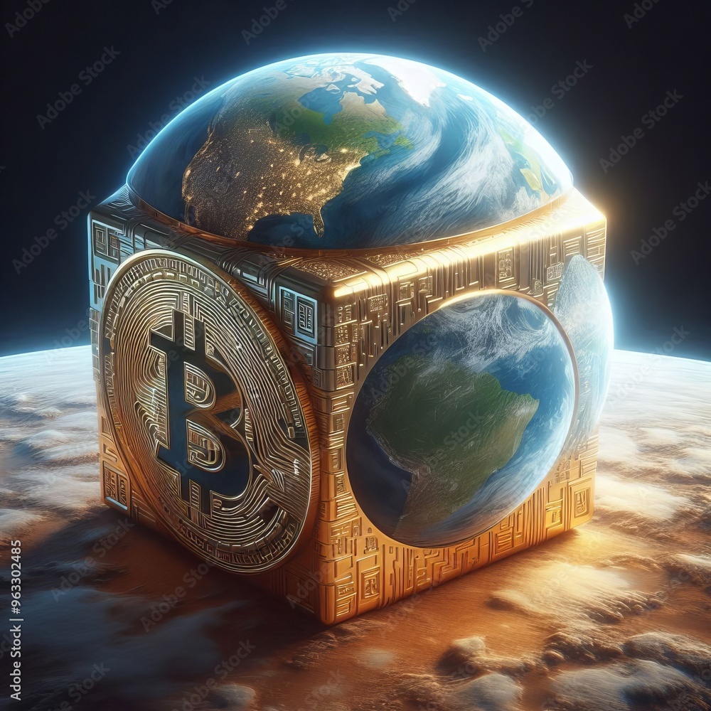 Poster a golden cube featuring a bitcoin symbol, adorned with digital circuitry and images of the earth, re