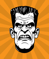 Halloween character face isolated on colored background. Hand drawn vector illustration in comic style.