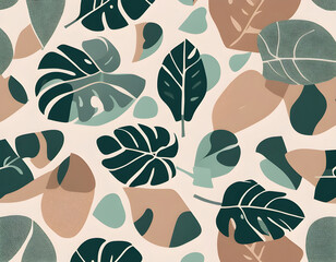 Monstera Deliciosa Leaf with Abstract Shape Seamless Pattern. Perfect for Textile, Fabric, Background