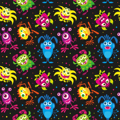 Halloween vector illustration. Funny cartoon monster seamless pattern on black background. Bright design for party decoration.