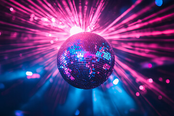 Fototapeta premium A disco ball with a pink and blue light show reflecting off of it.
