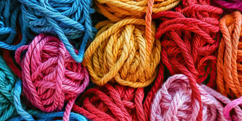 Organized Chaos: A neatly arranged mess of colored strings, yarn, and ribbons, seemingly forming a pattern or design.
