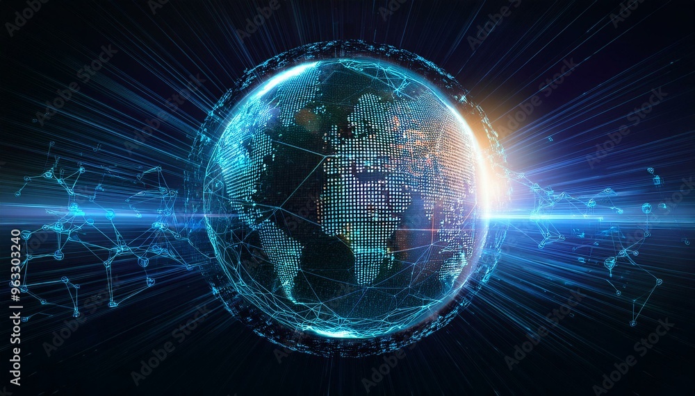 Poster digital hologram globe with glowing data streams