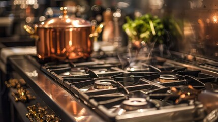 Illuminated Stainless Steel Stovetop with Copper Pot Cooking Delicious Meal