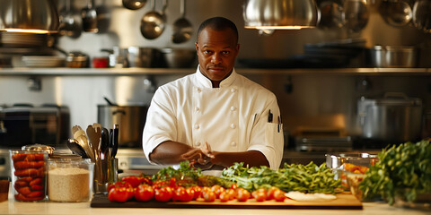 Serene Chef: A calm and focused chef's face, surrounded by neatly arranged ingredients and utensils on a pristine kitchen counter.