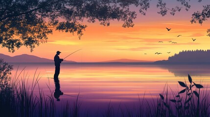 Silhouette of Fisherman Casting Line at Sunset Over Serene Lake. Anime style
