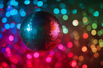 A disco ball hangs in the center of the frame against a blurred background of multicolored lights.