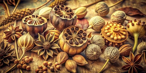 Vintage Botany head and macro shot of old seeds and botanical illustrations style antique color