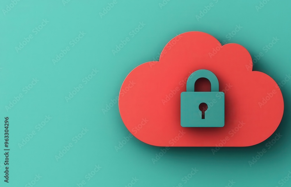 Poster cloud computing security, data encryption symbols, flat design illustration