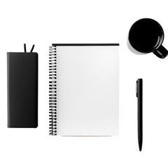 Blank Spiral Notebook Black Pen Pen Holder Black Coffee Mug Office Supplies Flat Lay, Minimalist Workspace Essentials, Modern Office Desk