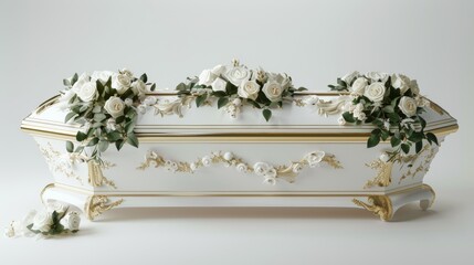 Luxurious white coffin with gold accents and white roses draped across the top, premium funeral decor