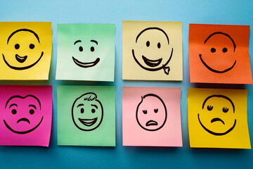 
collage cut-out colorido diferentes elementos de sentimientos sensaciones felicidad tristeza personas sobre papeles notas pegajosas sticky