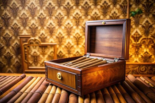 Vintage cigar humidor filled with neatly arranged boxes against soft focus blurred background of abstract patterned wallpaper