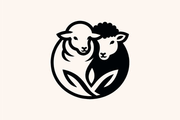 Sheep lamb logo, emblem, print. Two lambs, black and white. Simple vector flat illustration