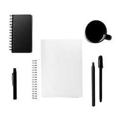 Blank Notepad Mug Pen and Notebook on Black Background Office Supplies Flat Lay Minimalist Workspace