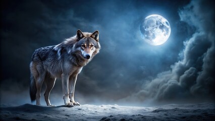 A lone wolf lurking in the darkness of the night , wolf, predator, nocturnal, wildlife, wilderness, animal, moonlight