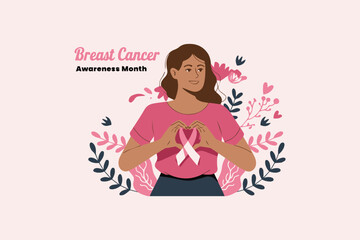 Breast Cancer Awareness Month ribbon pink foliage vector illustration