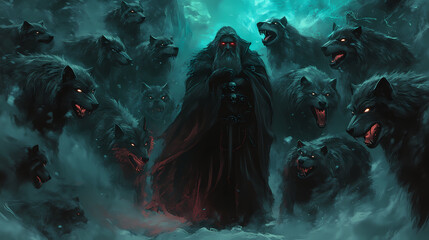 Fototapeta premium The wizard standing among his demonic wolves, digital art style, illustration painting. Werewolf. Illustration