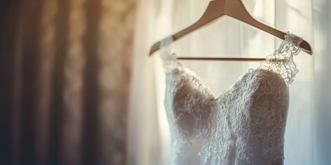Unadorned Bride: A simple and elegant wedding dress, hanging on a clothes hanger, with no accessories or flowers.