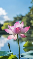 Pink lotus flower blooming in a pond