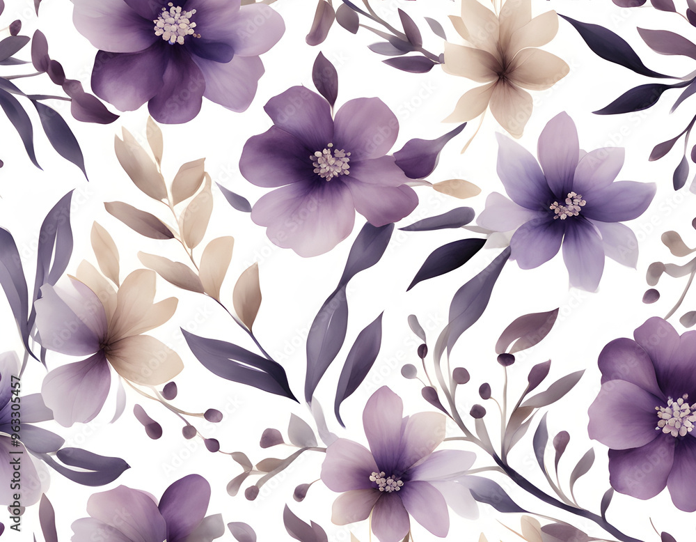 Wall mural Floral seamless pattern with abstract Purple and beige flowers background