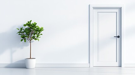 A minimalist courtyard showcases a small tree surrounded by vibrant greenery and smooth wooden flooring, bathed in natural light against a backdrop of clear blue skies
