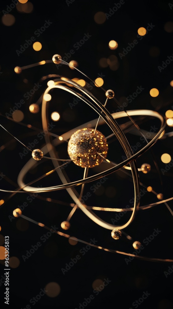 Poster golden atom structure rotating with particles on black background