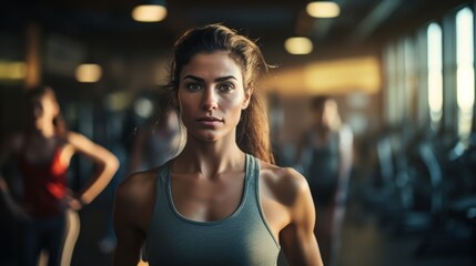 Fototapeta premium Close up image of attractive fit woman in gym. Neural network ai generated art