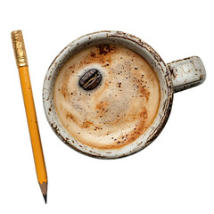 Coffee Cup with Pencil, Latte Art with Coffee Bean, Rustic Coffee Mug, Brown Coffee Stain, Top View Coffee