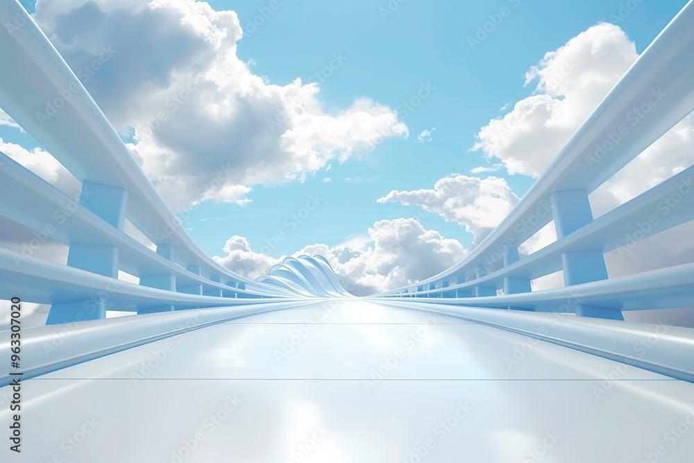 Poster a long, empty bridge with a clear blue sky above it