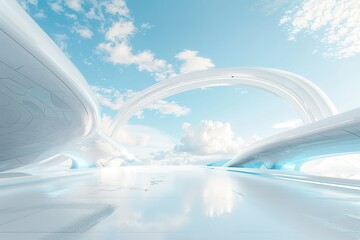 Obraz premium A futuristic cityscape with a bridge spanning the distance between two buildings