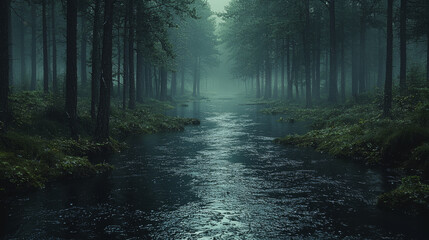 Misty forest path with a stream running through it.