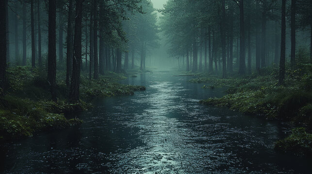 Misty forest path with a stream running through it.