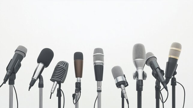 A group of microphones isolated on a white background, press conference